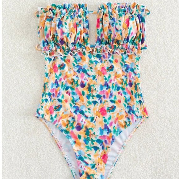 Floral Print Ruched Bust Bandeau One Piece Swimsuit Bathing Suit - Picture 3 of 5